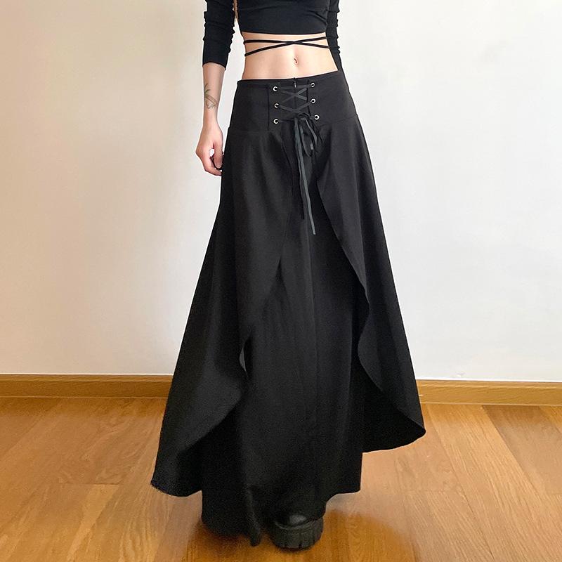 Solid lace up patchwork zip-up low rise maxi skirt y2k 90s Revival Techno Fashion