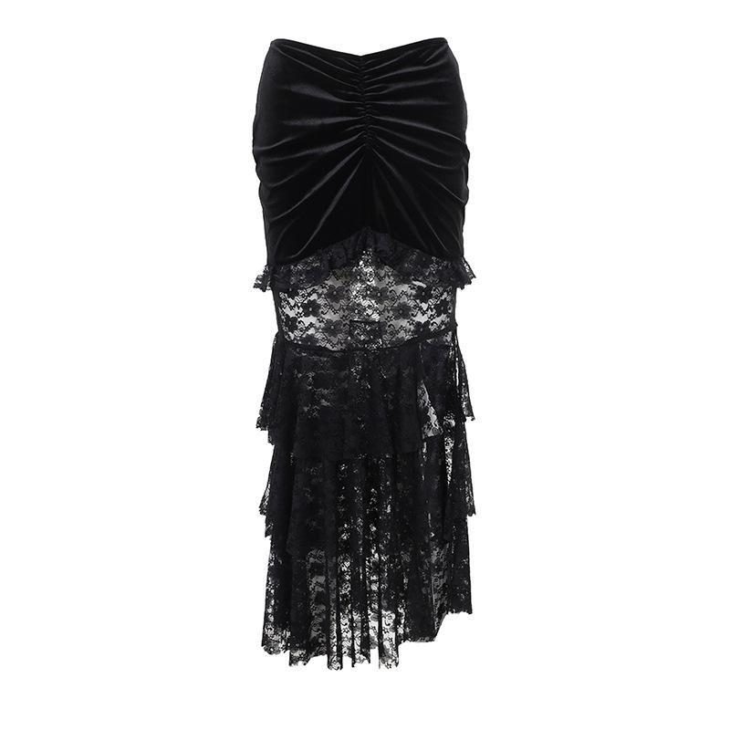 Velvet lace ruched slit midi skirt