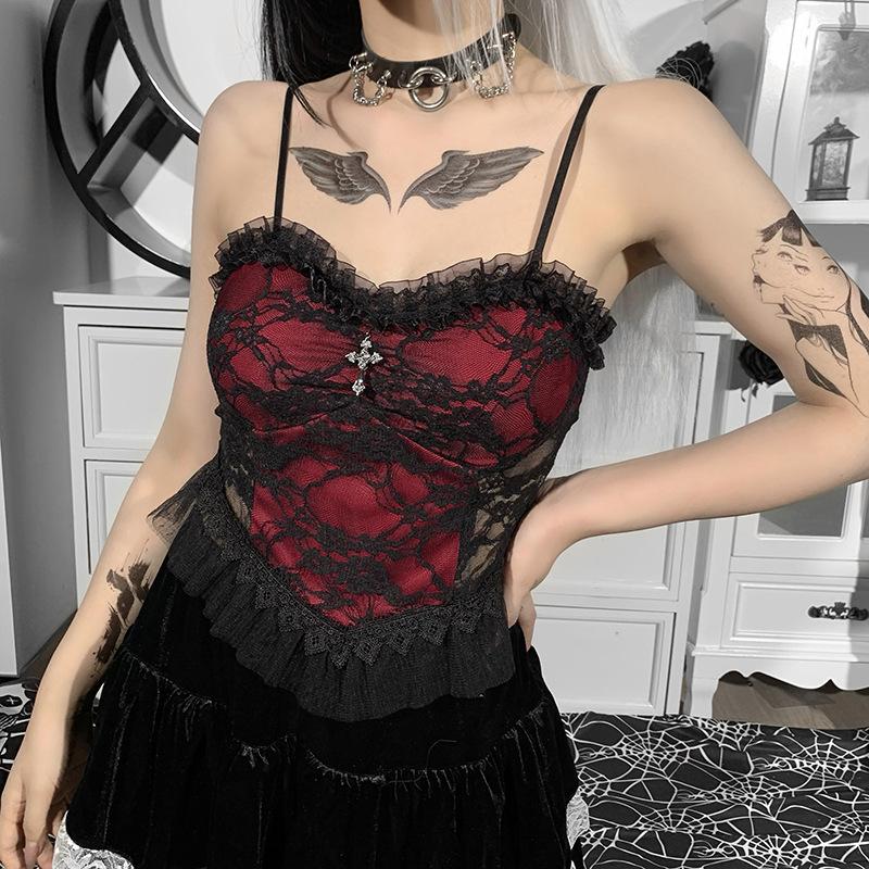 Sleeveless lace hem contrast spider web applique backless crop top goth Alternative Darkwave Fashion goth Emo Darkwave Fashion