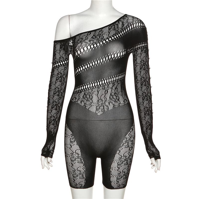 Off shoulder gloves long sleeve lace hollow out button see through romper goth Alternative Darkwave Fashion goth Emo Darkwave Fashion