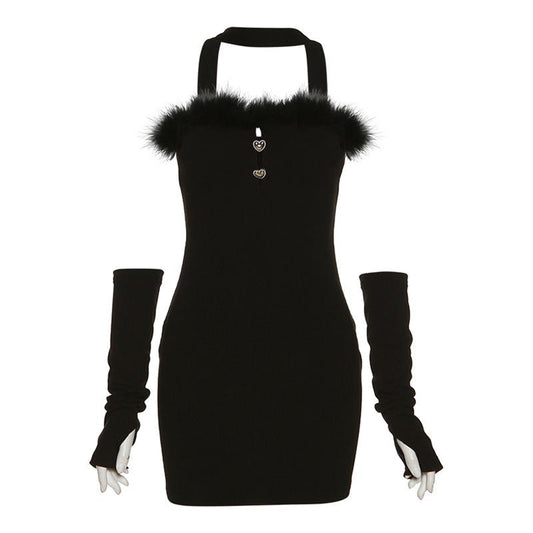 Halter solid hollow out feather gloves mini dress