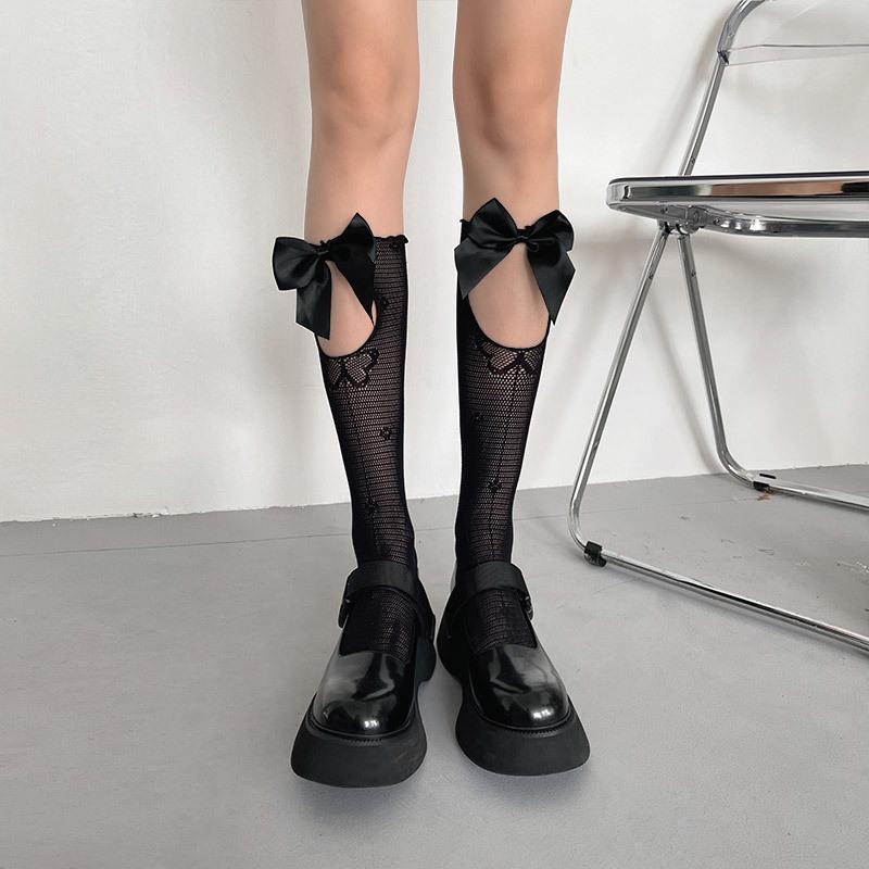 Hollow out bowknot knee high socks