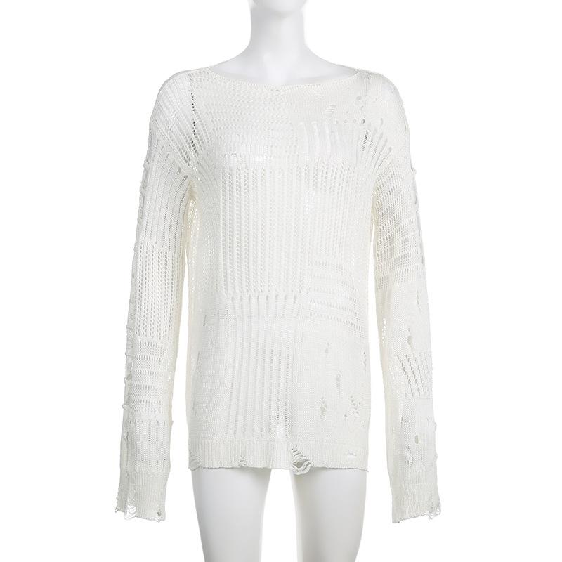 Crochet long sleeve solid hollow out top y2k 90s Revival Techno Fashion