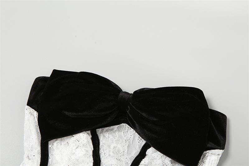 Velvet bowknot contrast lace ruffle backless tube crop top