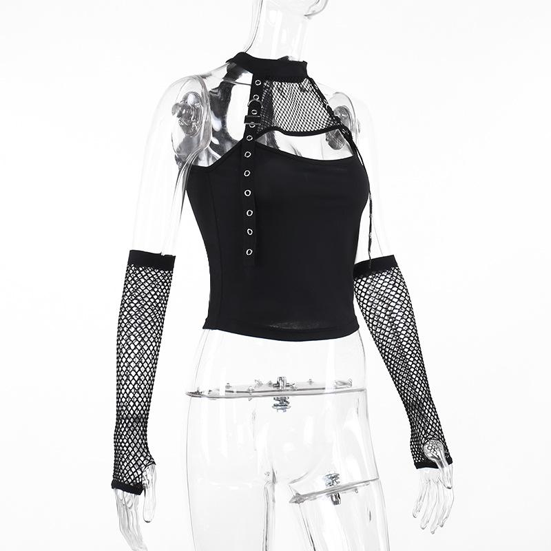 Fishnet gloves patchwork hollow out top