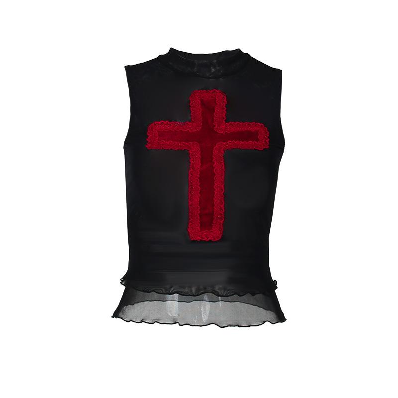 Cross ruffle mesh sleeveless contrast patchwork top goth Emo Darkwave Fashion