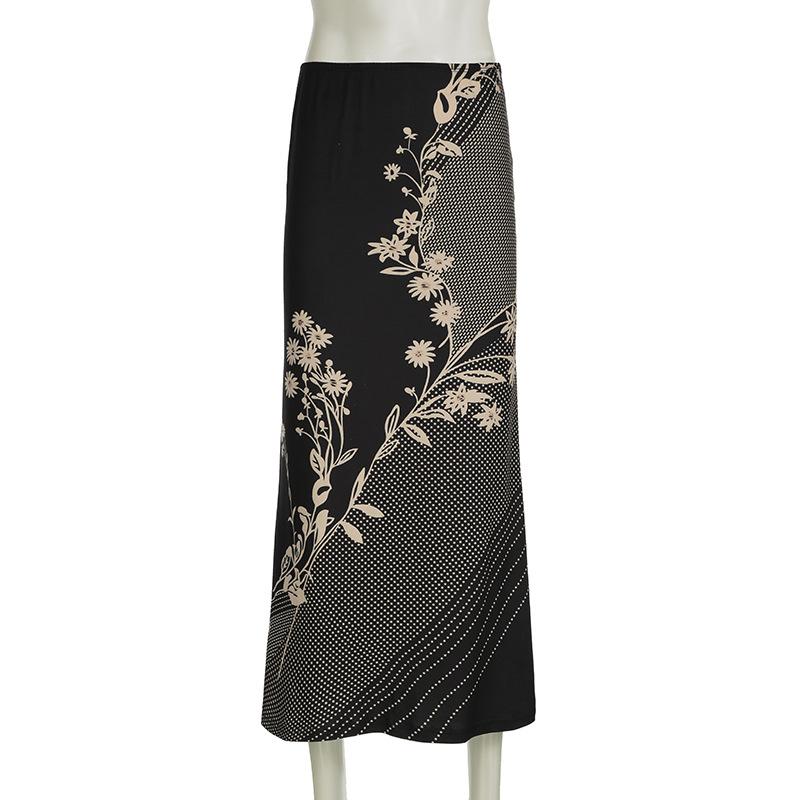 Polka dot flower print contrast maxi skirt