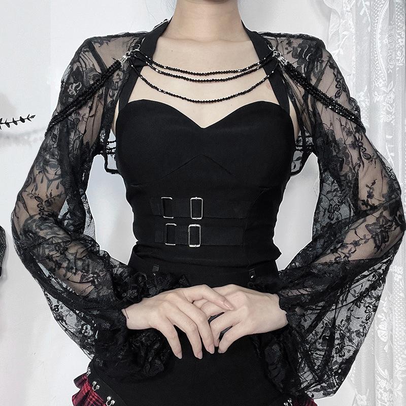 Flared sleeve beaded o ring mesh shrug top