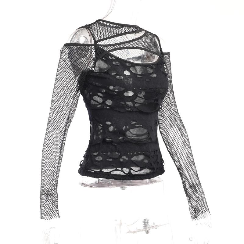 Long sleeve fishnet hollow out irregular see through top