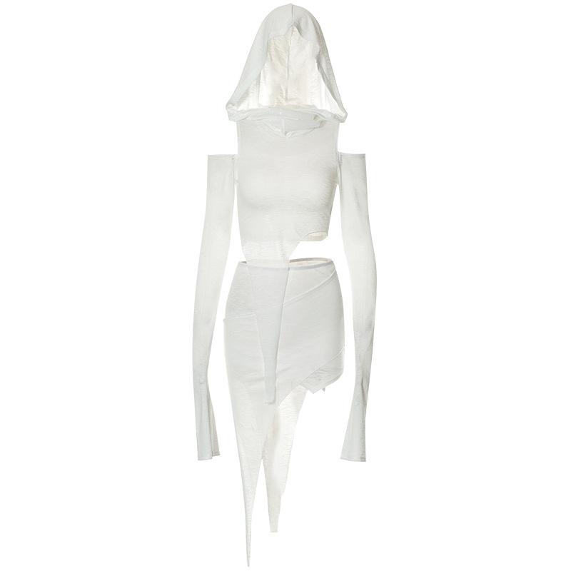 Hoodie irregular solid off shoulder long sleeve mini skirt set y2k 90s Revival Techno Fashion