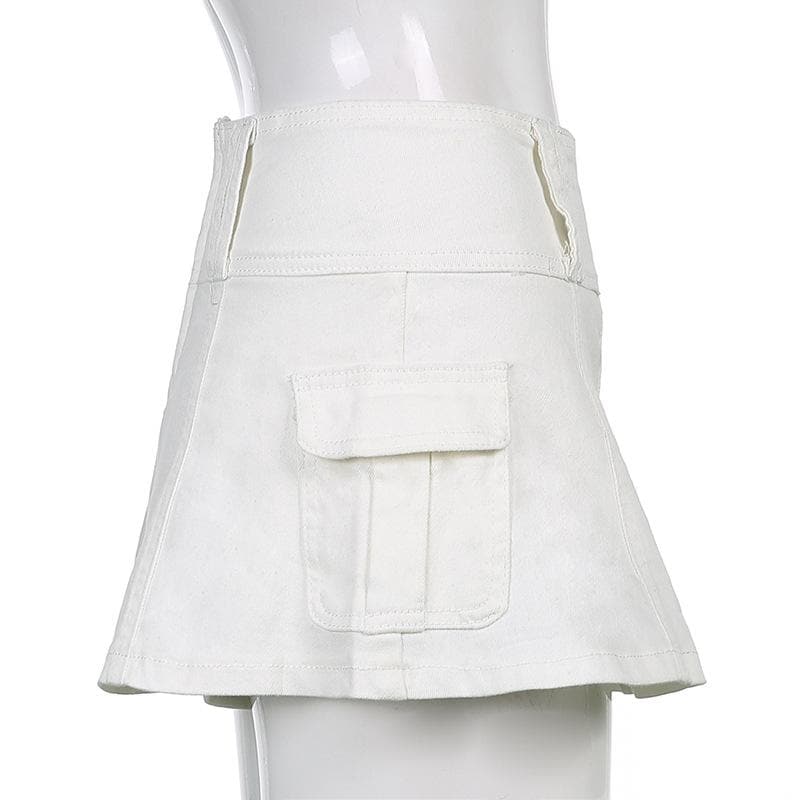 A line zip-up cargo pocket solid medium rise denim midi skirt y2k 90s Revival Techno Fashion