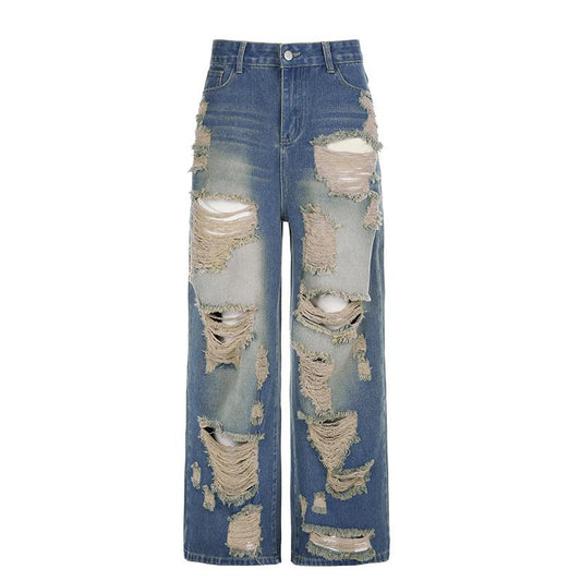 Ripped contrast irregular raw hem jeans