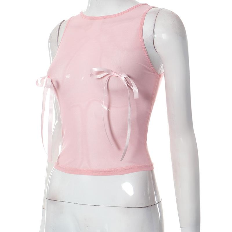 Sheer mesh see through bowknot sleeveless crewneck top y2k 90s Revival Techno Fashion