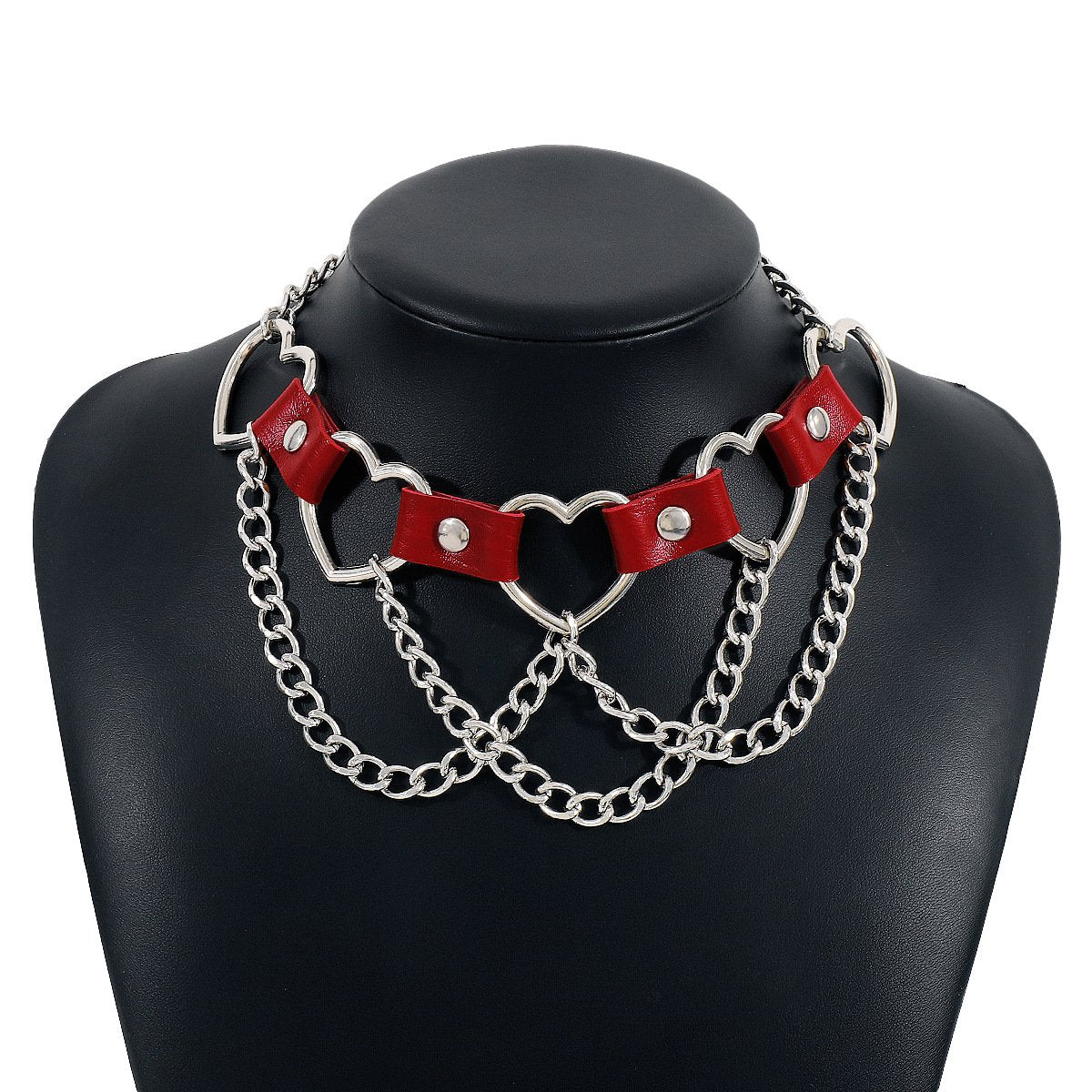 Heart ring PU chain layered choker necklace