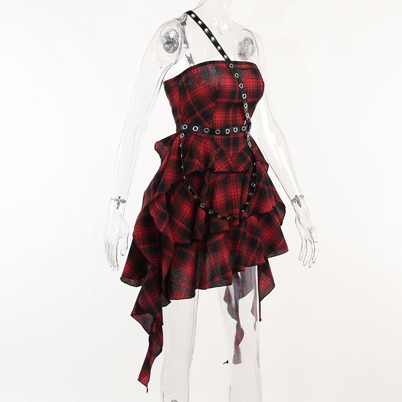 Ruffle plaid zip-up irregular one shoulder backless mini dress