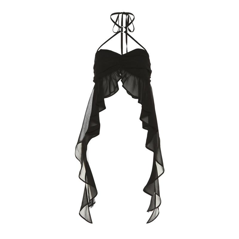 Chiffon ruffle o ring ruched halter backless button crop top goth Alternative Darkwave Fashion goth Emo Darkwave Fashion