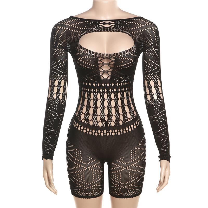 Long sleeve hollow out fishnet solid romper y2k 90s Revival Techno Fashion