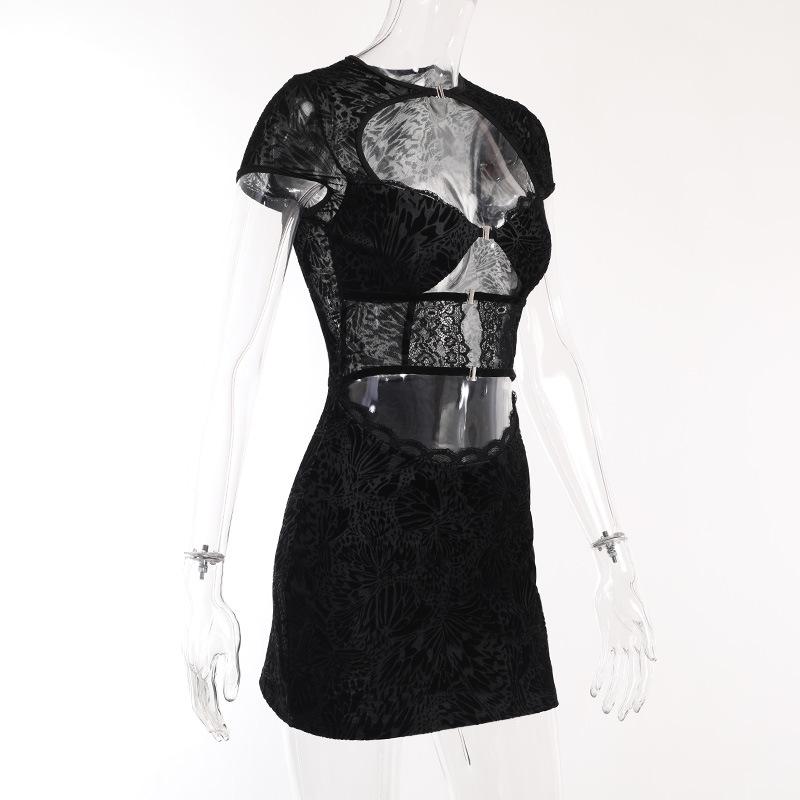 Button short sleeve hollow out textured mini dress goth Emo Darkwave Fashion