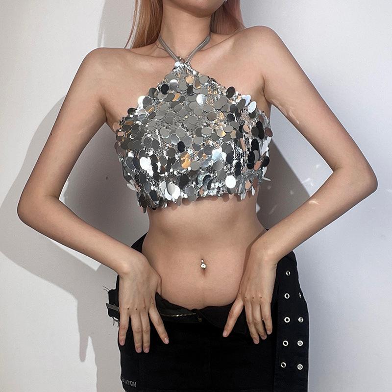 Halter self tie glitter backless textured crop top y2k 90s Revival Techno Fashion