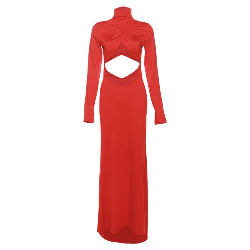 Hollow out solid long sleeve high neck zip-up maxi dress