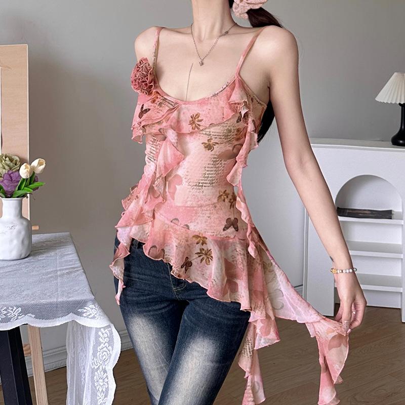 U neck sheer mesh print ruffle flower applique cami top