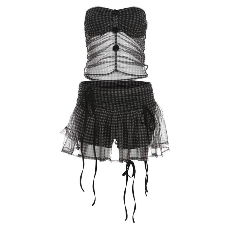 Rose applique plaid mesh ruched tube mini skirt set