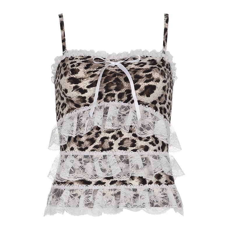 Lace hem bowknot leopard print ruched cami top