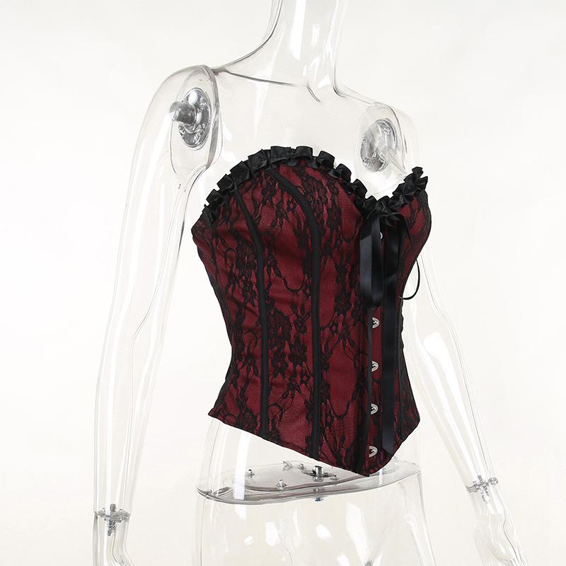 Sweetheart neck backless ruffle button corset contrast top goth Alternative Darkwave Fashion goth Emo Darkwave Fashion