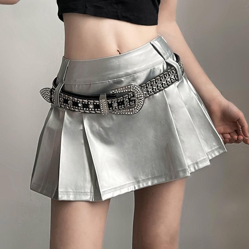 Zip-up metallic pleated medium rise solid mini skirt y2k 90s Revival Techno Fashion