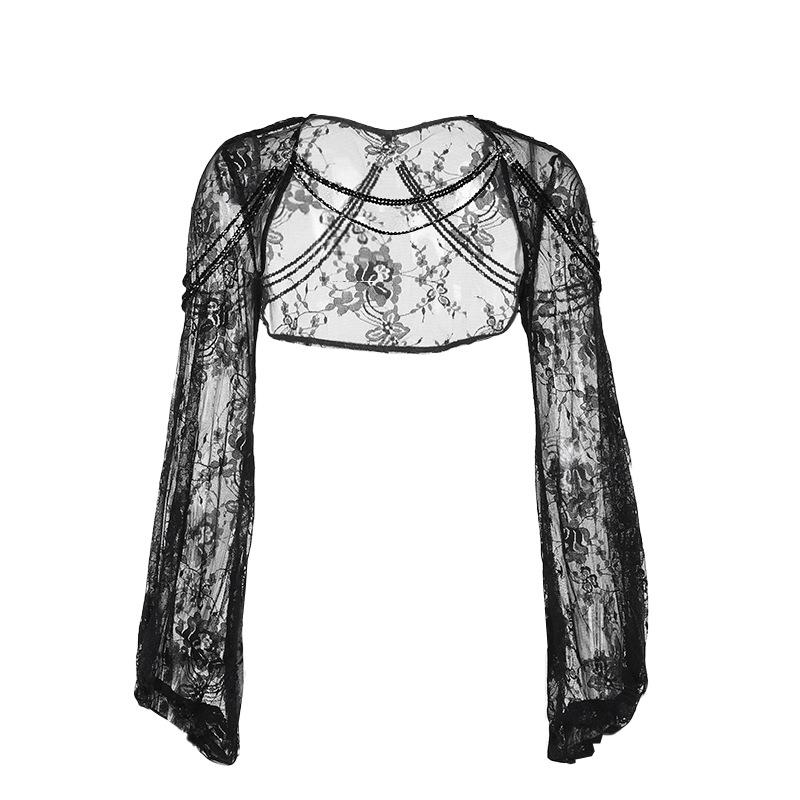 Flared sleeve beaded o ring mesh shrug top