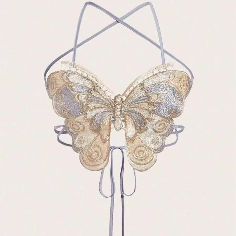 Contrast embroidery butterfly cross backless crop top