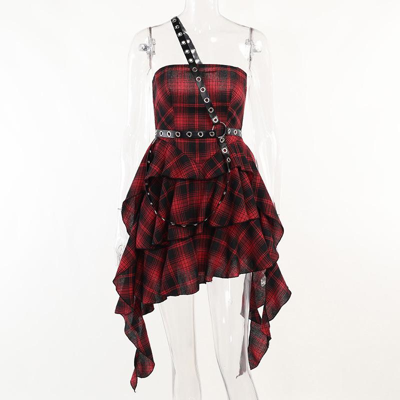 Ruffle plaid zip-up irregular one shoulder backless mini dress