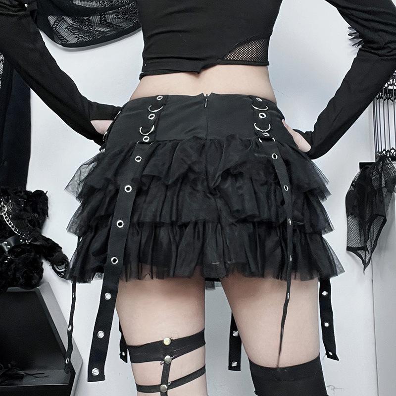 Buckle mesh zip-up ruched A line mini skirt goth Alternative Darkwave Fashion goth Emo Darkwave Fashion