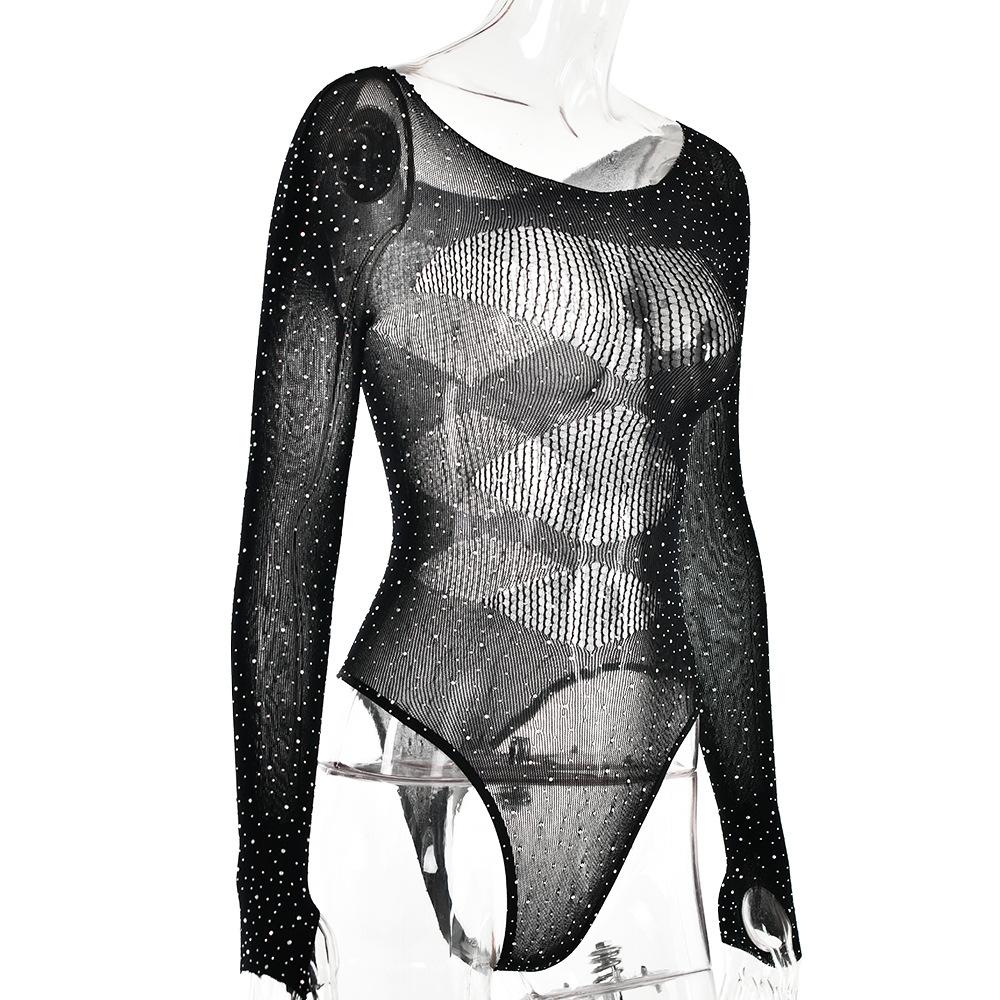 Fishnet solid beaded long sleeve gloves round neck bodysuit