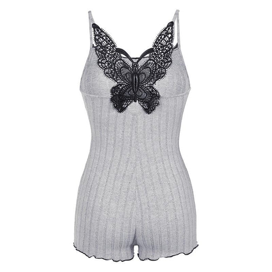 Lace hem bowknot butterfly pattern cami romper