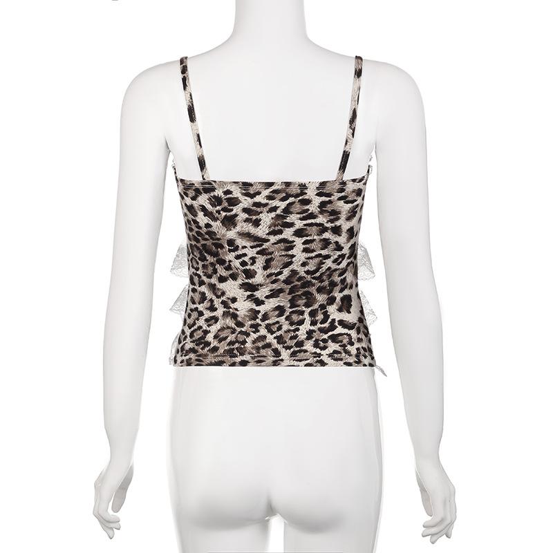 Lace hem bowknot leopard print ruched cami top