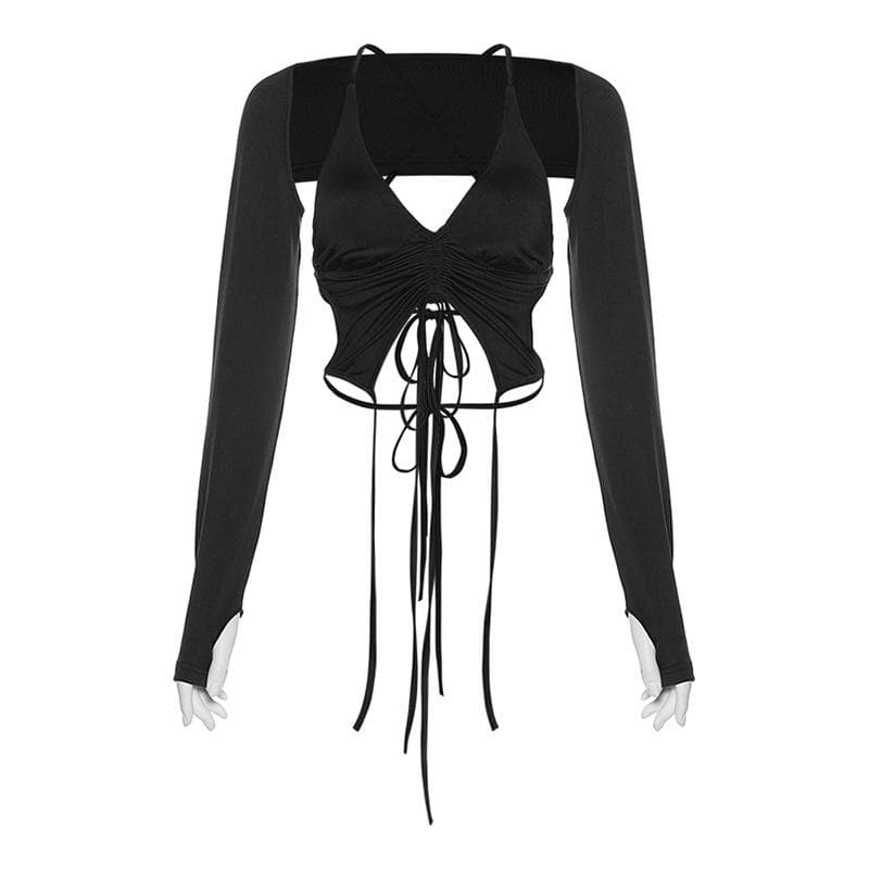 Long sleeves V neck halter ruched solid 2 piece top goth Alternative Darkwave Fashion goth Emo Darkwave Fashion