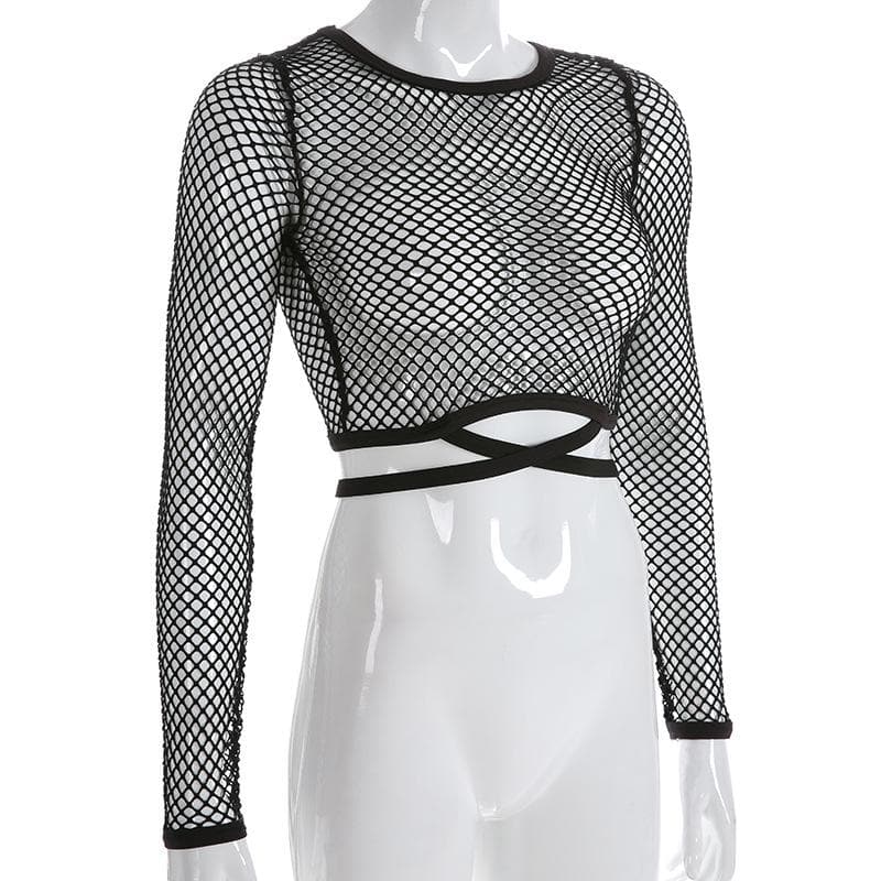 Round neck long sleeve tie back fishnet top goth Alternative Darkwave Fashion goth Emo Darkwave Fashion