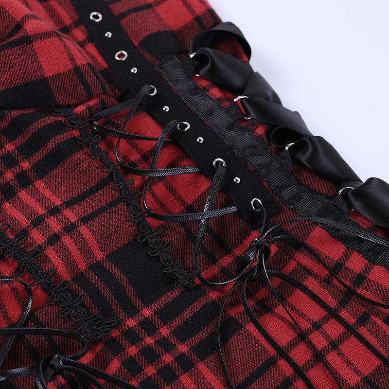 Backless ruched lace hem plaid lace up zip-up mini dress goth Alternative Darkwave Fashion victorian goth fashion goth Emo Darkwave Fashion