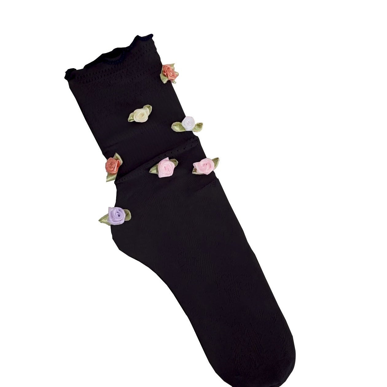 Flower applique ruffle lace socks