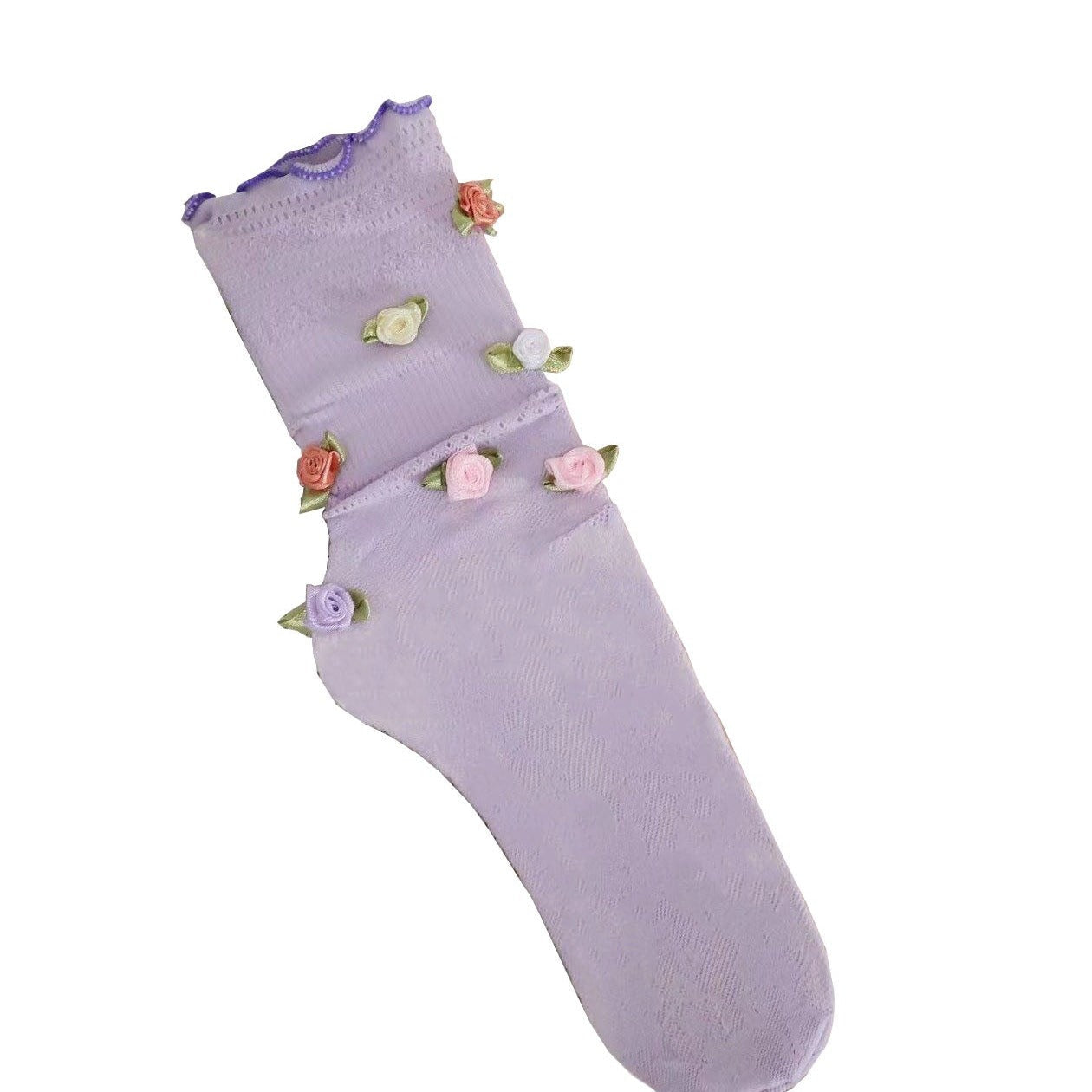 Flower applique ruffle lace socks