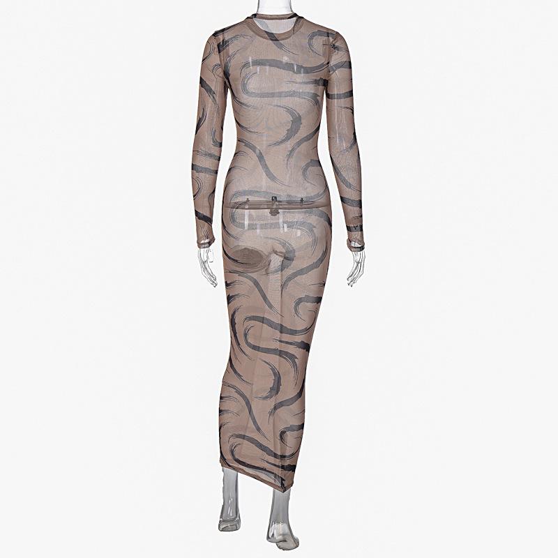 Sheer mesh see through long sleeve contrast print maxi dress y2k 90s Revival Techno Fashion