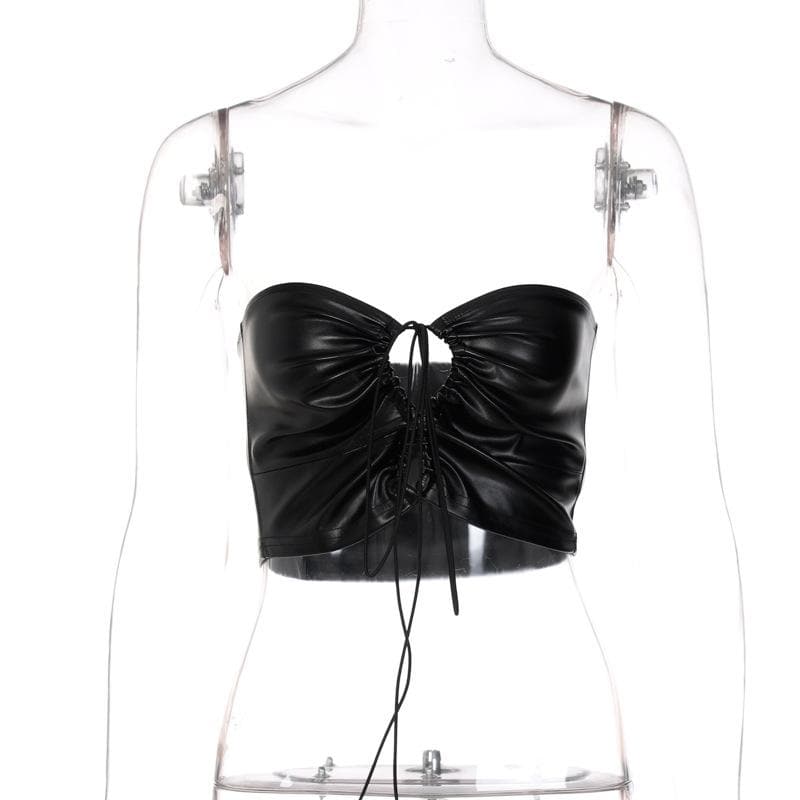 PU drawstring halter 2-way ruched backless solid tube top goth Alternative Darkwave Fashion goth Emo Darkwave Fashion