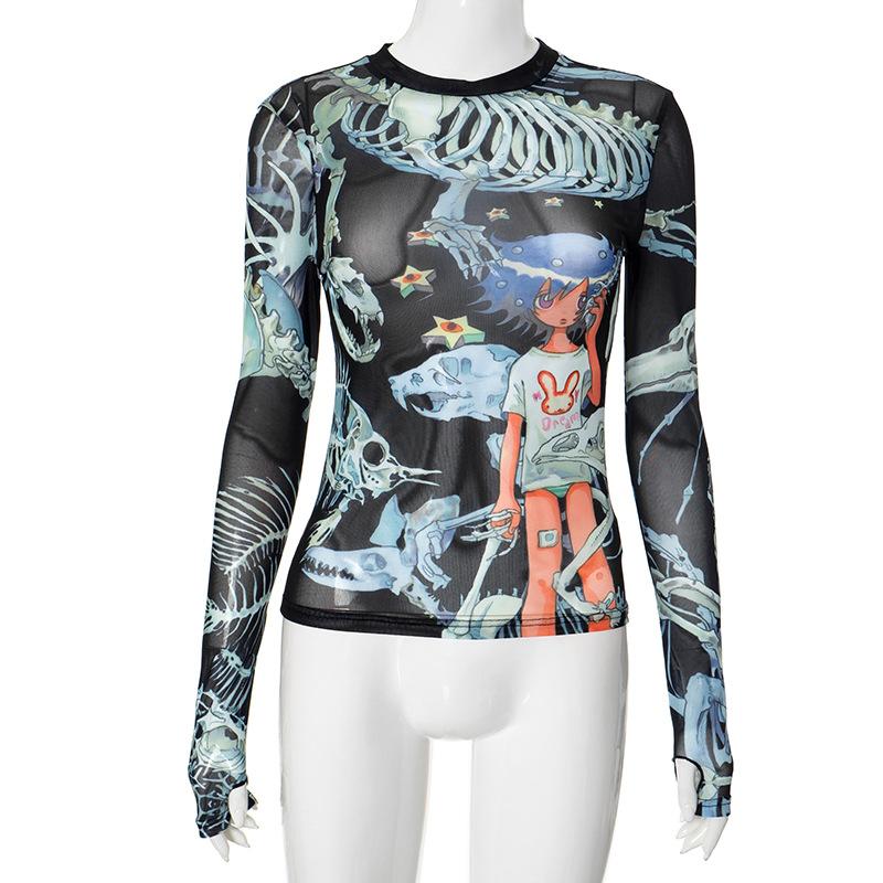 Long sleeve abstract print mesh top