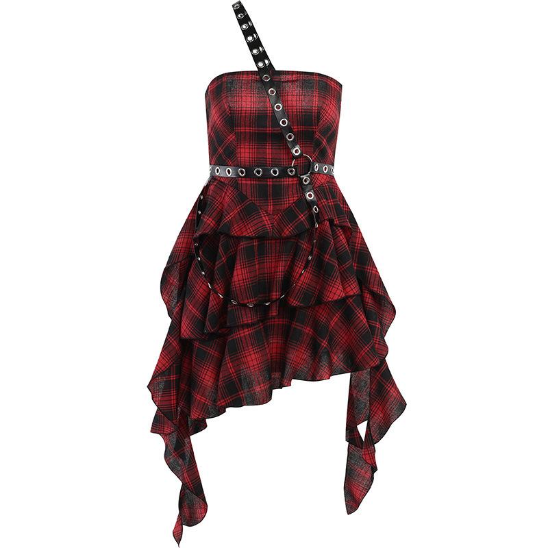 Ruffle plaid zip-up irregular one shoulder backless mini dress