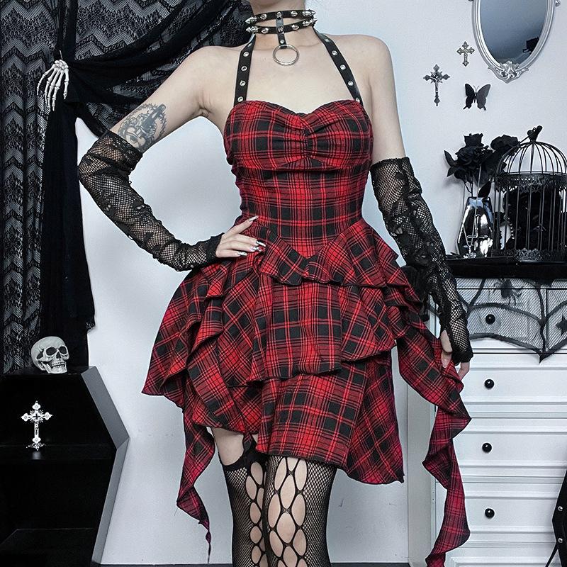 Zip-up halter contrast irregular plaid backless mini dress goth Alternative Darkwave Fashion victorian goth fashion goth Emo Darkwave Fashion