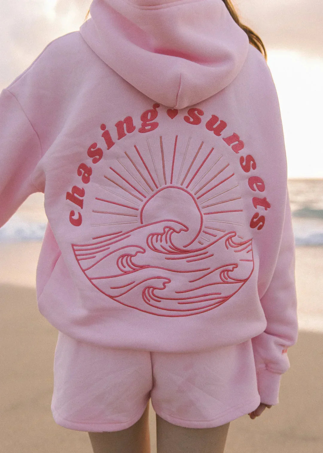 Embroidered Pink Palm Puff Everything Comes In Waves Hoodie