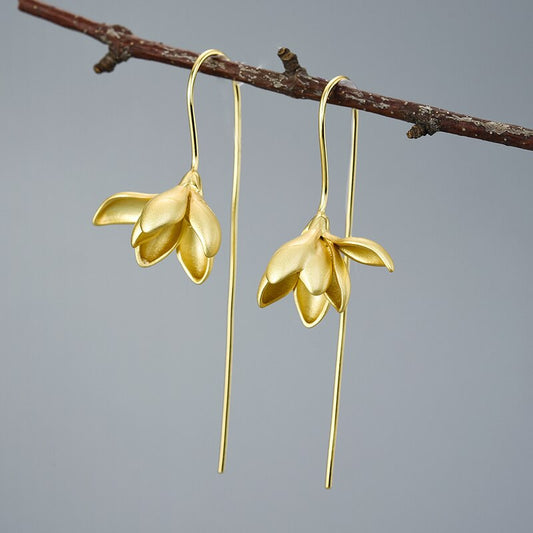 18K Gold Elegant Magnolia Flower Dangle Earrings