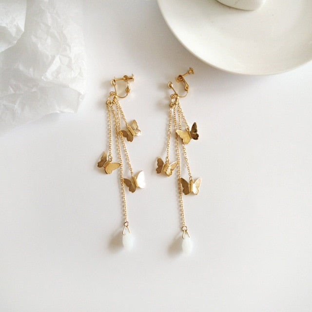 Korean Style Retro Super Fairy Butterfly Tassel Long Clip on Earrings