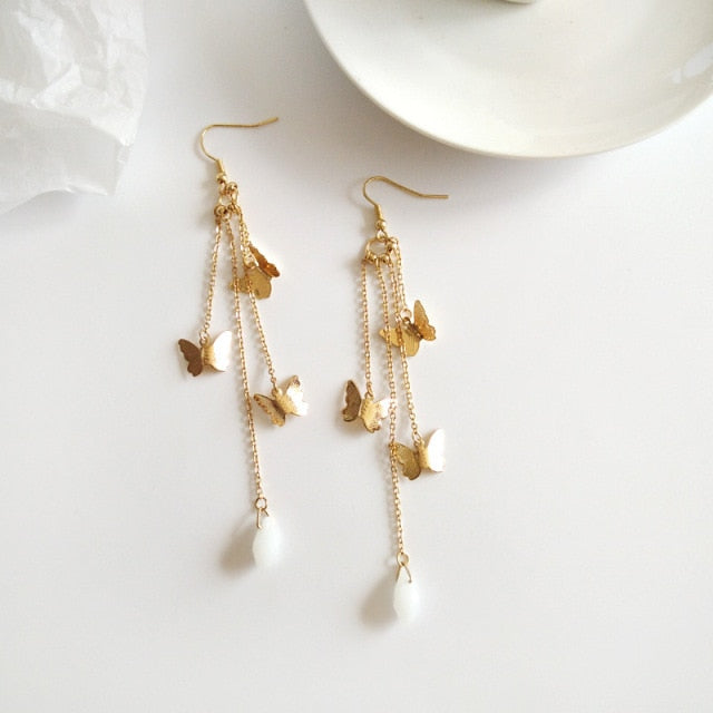 Korean Style Retro Super Fairy Butterfly Tassel Long Clip on Earrings